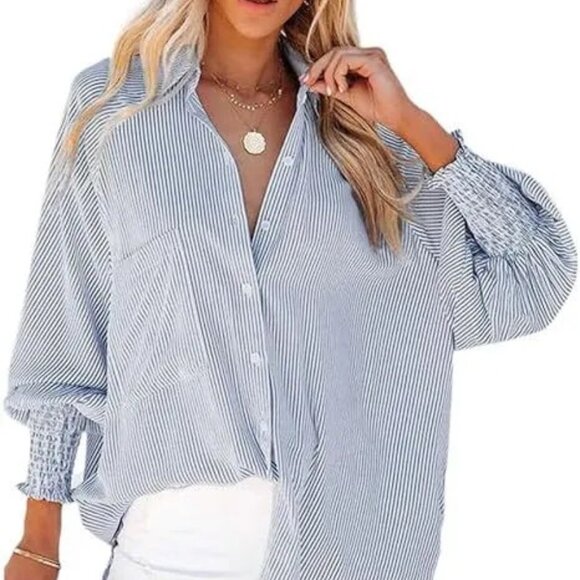 BLUE STRIPED L BUTTON DOWN SHIRT HAS DEEP SMOCKED CUFFS POCKET ON FRONT CASUAL - Picture 1 of 2